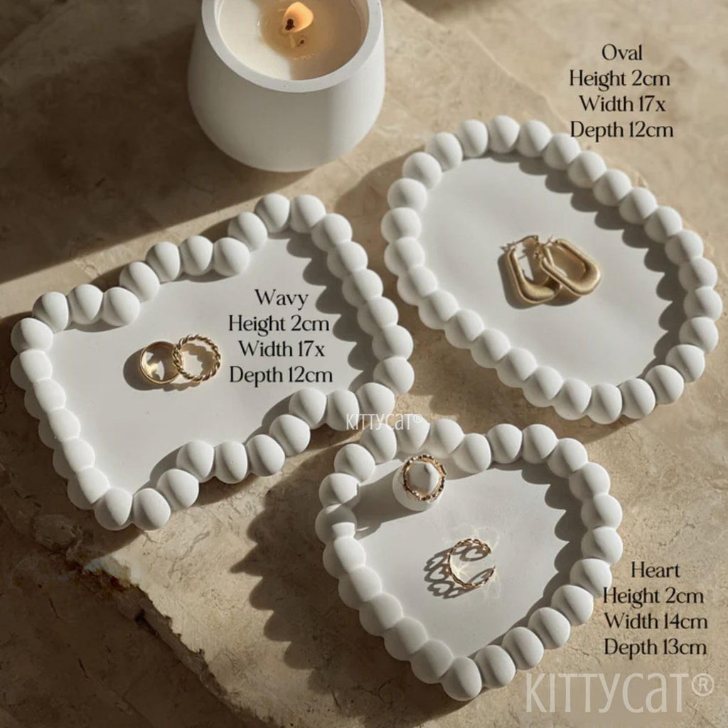 Aesthetic Concrete Trinket Tray Set of 3 – Heart, Zigzag, Oval | Handmade Off-White Jewelry Dish, Vanity Tray, Makeup Organizer | Candle Holder, Key Bowl, Home Decor Accent (Bubble-Collection)