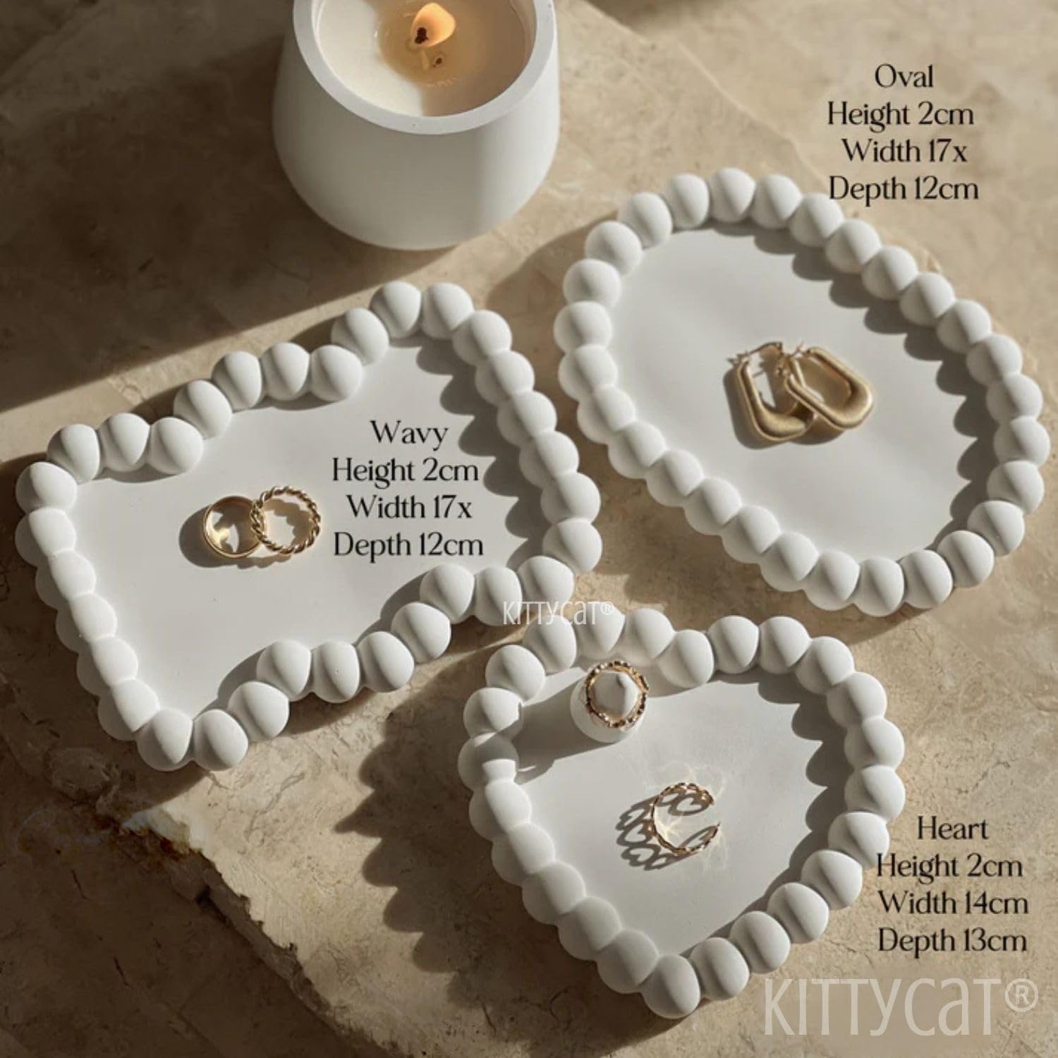 Aesthetic Concrete Trinket Tray Set of 3 – Heart, Zigzag, Oval | Handmade Off-White Jewelry Dish, Vanity Tray, Makeup Organizer | Candle Holder, Key Bowl, Home Decor Accent (Bubble-Collection)