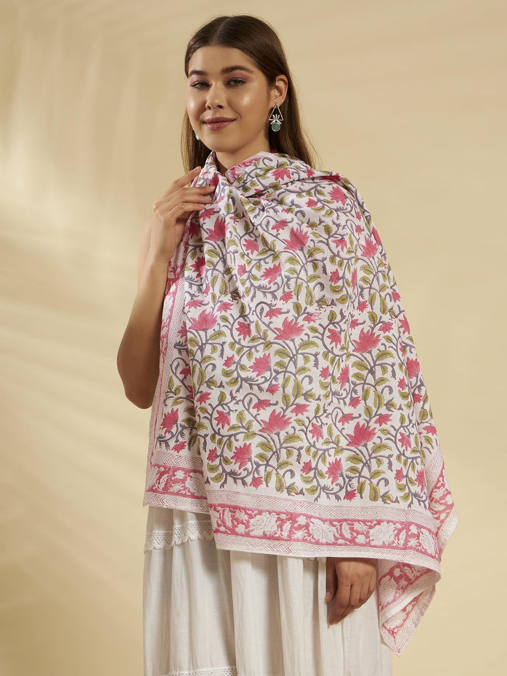 Ravaiyaa - Attitude is everything Sanganer Hand Block Printed Scarves Pure Cotton Scarf Square Hijab Dupatta 40 X 40 Inch (Green Pink Floral)