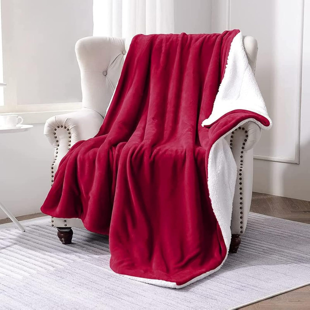 BSB HOME Polyester Micromink Winter Blanket Sherpa Super Soft Flannel Solid/Plain Dohar/Comforter/Rajaai, Dark Red, Size 220 x 228 Cms (Approx 7.4 x 7 ft) (Double) Kafalo