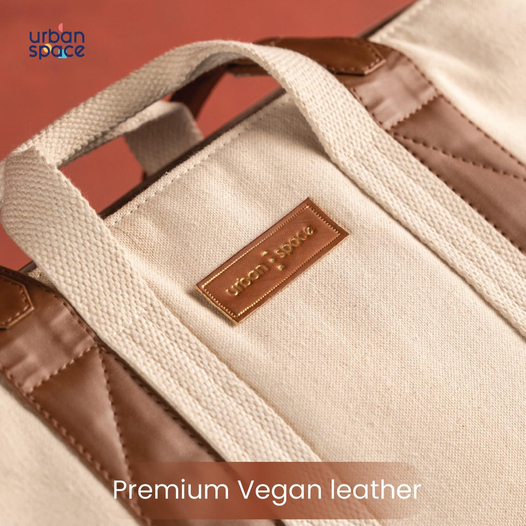 Urban Space Women Tote Bag | Canvas Handbag with Zip closure | Tote Bag for Office | Handcrafted Ladies Shoulder Purse for Office | Laptop bag | Padded Laptop space For Upto 16 - Natural Beige