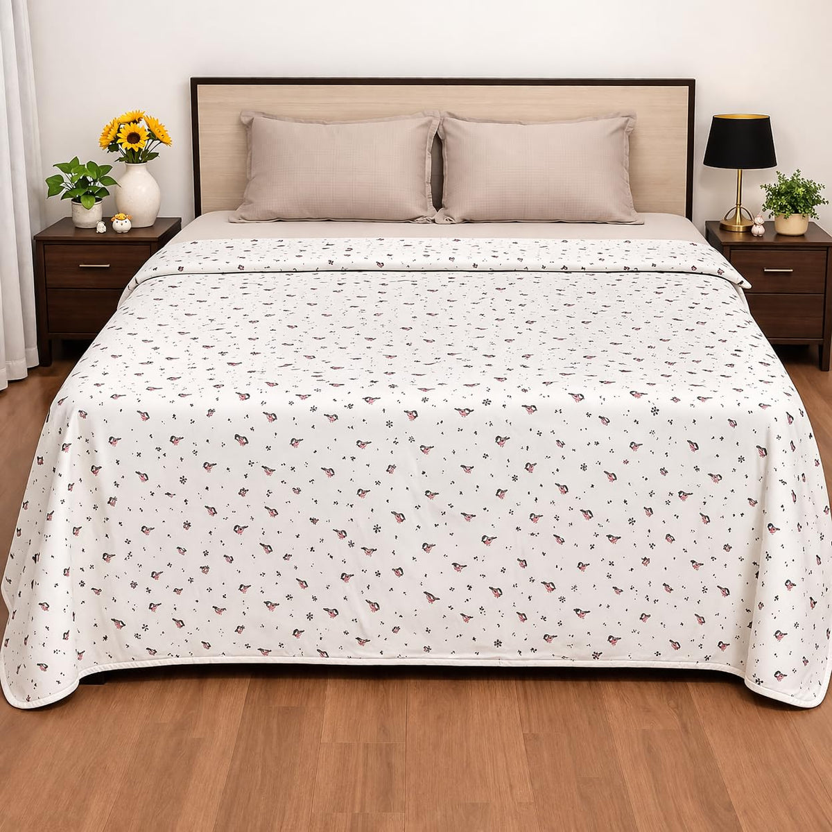 Bhoomi Impex Premium 100% Cotton Dohar for Double Bed (84 x 90 Inches) | 2 Layer Lightweight AC Blanket | 150 GSM | Summer Comforter | Ultra Soft Breathable All Season Blanket Snowy Birds Kafalo