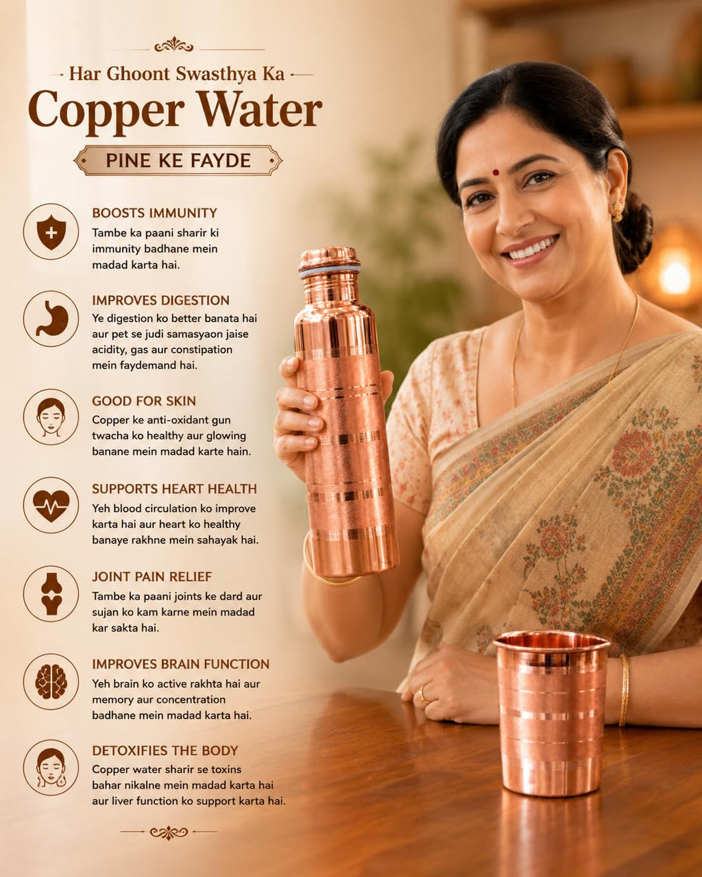 Pure Copper Water Bottle 1000ml with Copper Glass Combo Set
