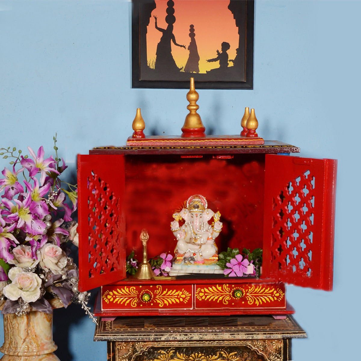 Kamdhenu Art and Craft Wood Home Temple (Blue_9 Inch X 18 Inch X 22 Inch)