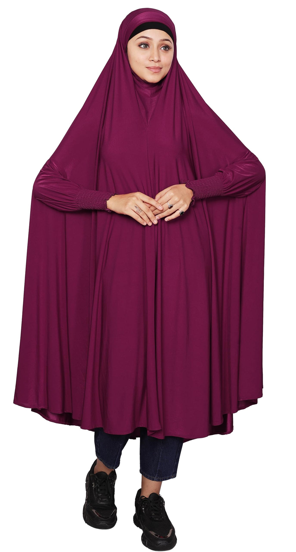 ICW Women Stretchable Jersey Smoking Sleeve Jilbab Cum Prayer khimar Hijab (Free Size) 60 Inch (Magenta Pink)