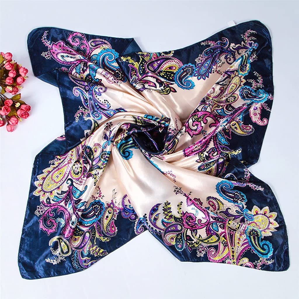 PALAY Silk Feel Scarf for Women Stylish Floral Large Square Royal Blue