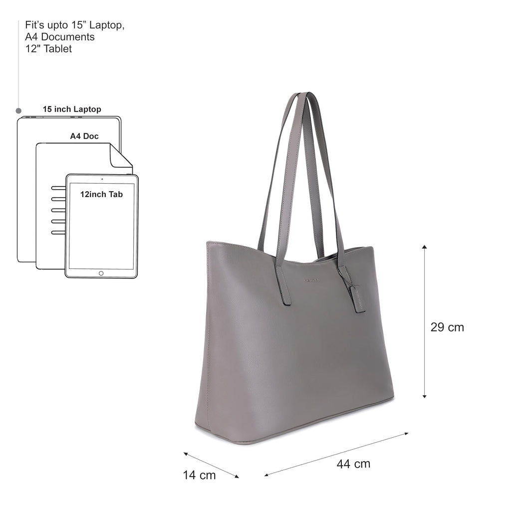 Fastrack Pebble Play Laptop Tote | Grey Faux-Leather Tote Bag for Women | 15-Inch Laptop Compatible | Gunmetal Hardware Finish with Double Handles, Zipper Closure & Organised Storage