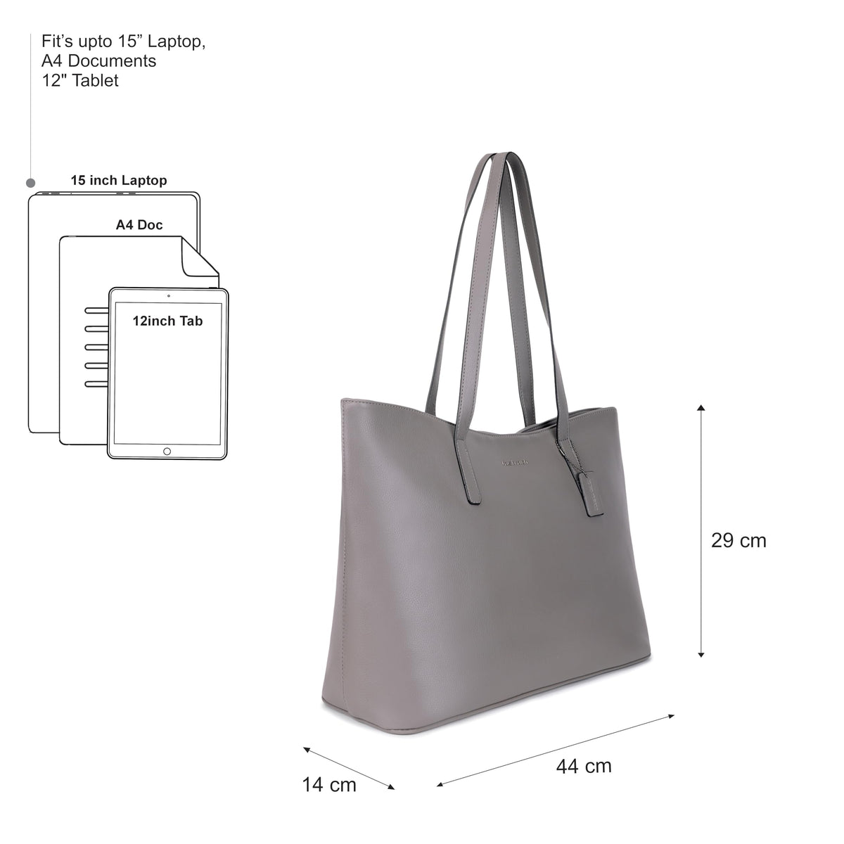 Fastrack Pebble Play Laptop Tote | Grey Faux-Leather Tote Bag for Women | 15-Inch Laptop Compatible | Gunmetal Hardware Finish with Double Handles, Zipper Closure & Organised Storage