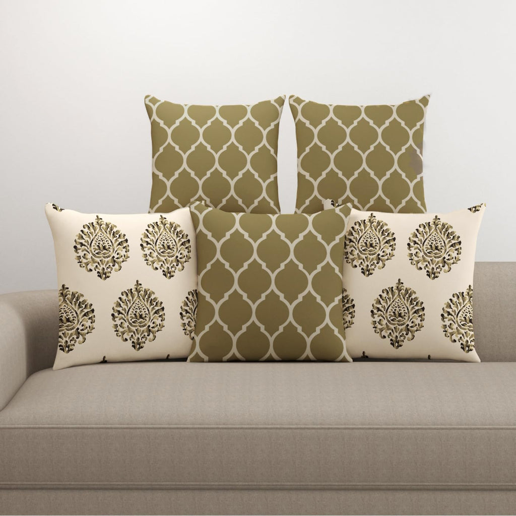 Trance Home Linen Set of 5 Premium 100% Cotton 24x24 inch Cushion Covers Only for Sofa and Diwan | 24 x 24 Cushion Pillow Covers Only – (24x24 inch | 60cmx60cm, Dori & Damask Forest Green) – Set of 5