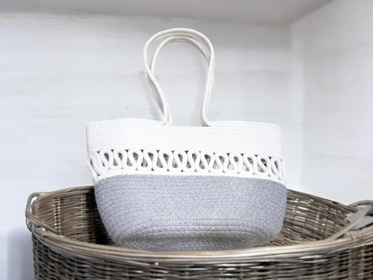 DYARCHY Cotton Rope Jute Tote Bags for Women with Zip, Shoulder Handbag Beach Tote Bag (Grey & White)