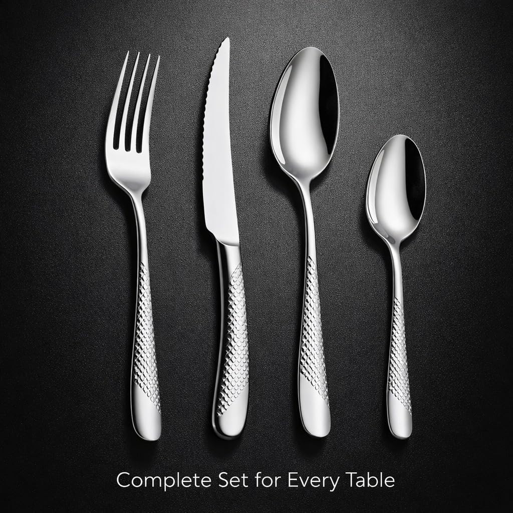 ANH MART Mirror Finish Silver Plated Stainless Steel Flatware Set Copper Silverware Set Rose Gold Spoon Color Cutlery Set [Dinner Fork-Tea Spoon-Salad Spoon-Knife] Set of (Silver DOT, 32)