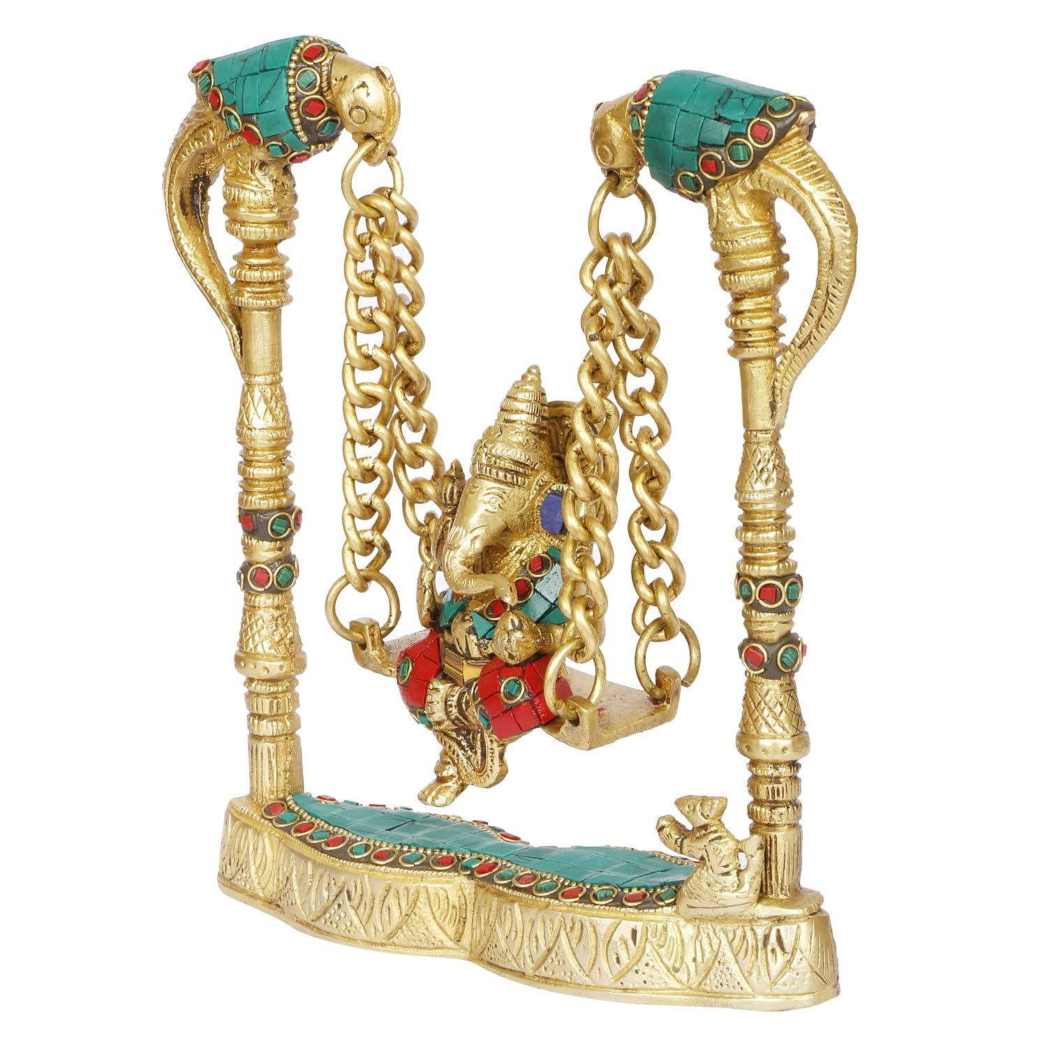 ARTVARKO Brass Ganesha on a Swing Statue Ganesh Jhoola with Two Parrot Holding Chain 8 Inch