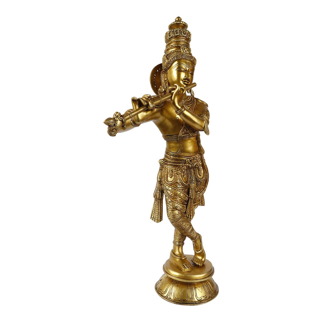 ARTVARKO Big Brass Krishna God Murti Statue of Love Flute Playing Home Décor Living Pooja Room Mandir Temple(Gold, Height 23 Inch)