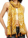 KE KANHA EXPORTS Scarf for Women Premium Cotton Boho | Dual Tone Border Print Stole with Tassels | Lightweight Summer Beach Wrap 180 x 50 cm (Golden Mustard Ikat)