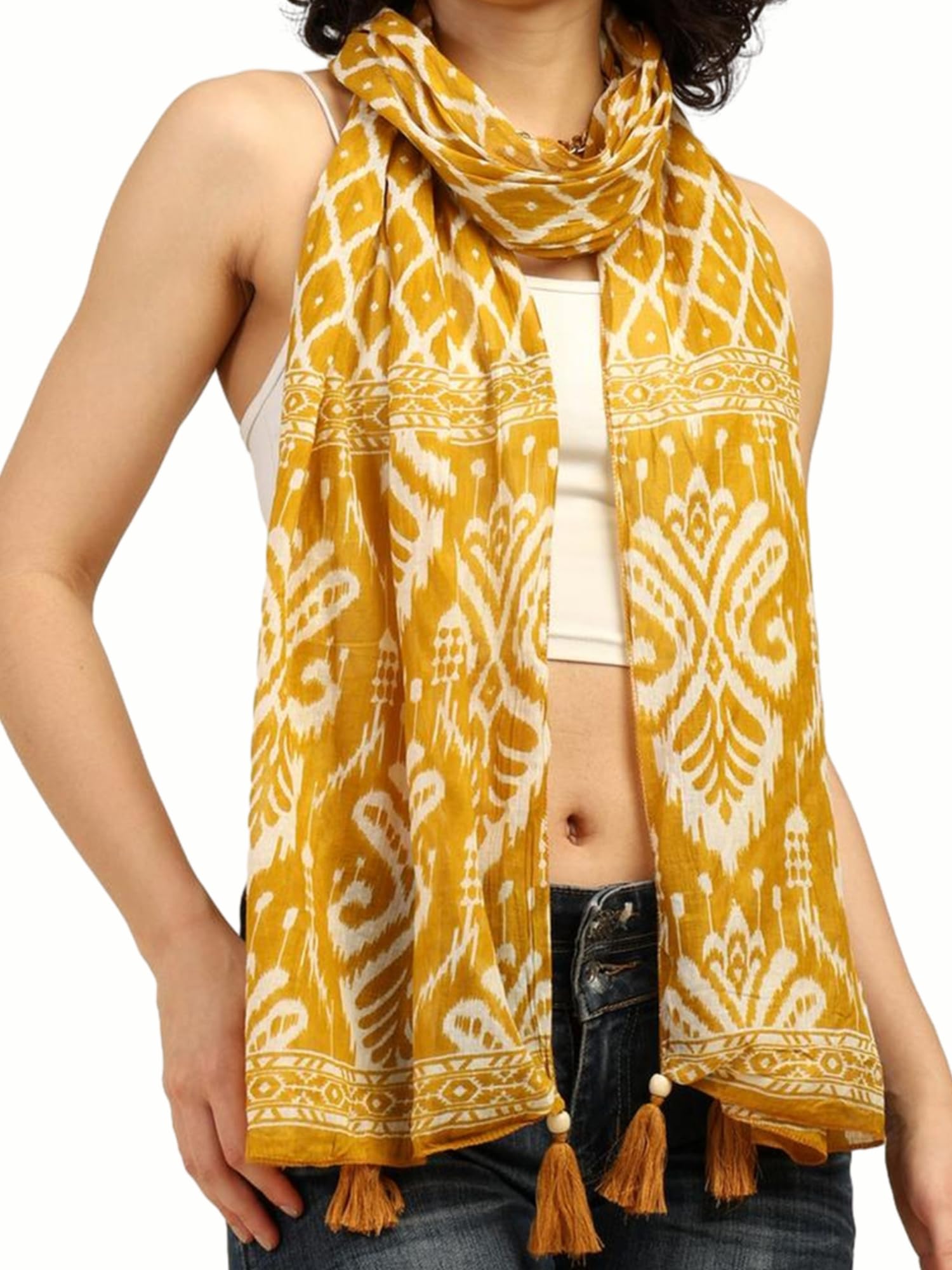 KE KANHA EXPORTS Scarf for Women Premium Cotton Boho | Dual Tone Border Print Stole with Tassels | Lightweight Summer Beach Wrap 180 x 50 cm (Golden Mustard Ikat)