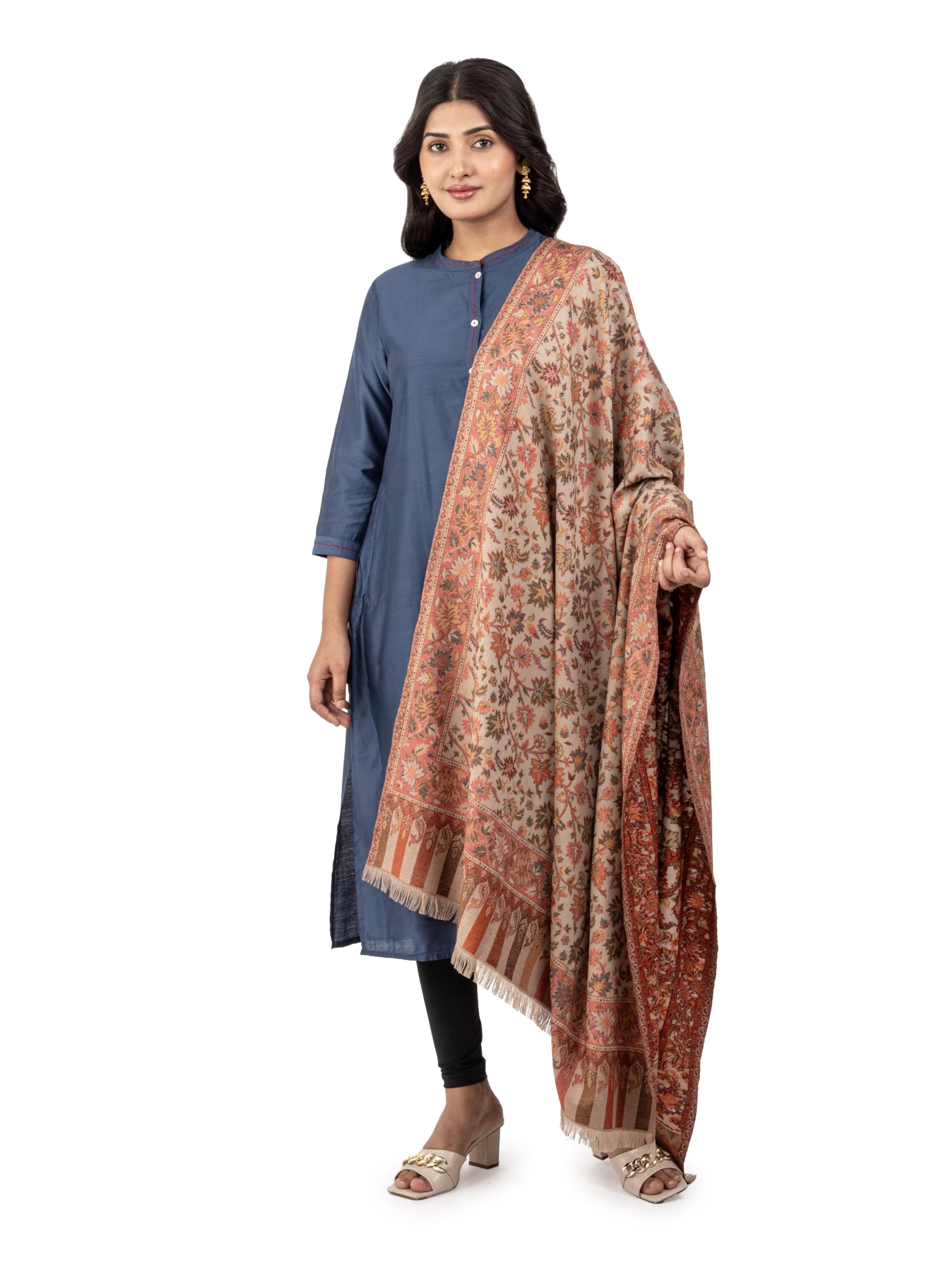 Naureen Women Faux Pashmina Shawl with Floral Artwork, Warm and Soft, 40x80 inch
