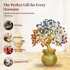 JD FRESH Feng Shui 7 Chakra Crystal Tree with Golden Money Bag Base/Natural Gemstone Decorative Showpiece Bonsai Tree for Home & Office Décor, Good Luck Diwali Gift, Wealth & Prosperity
