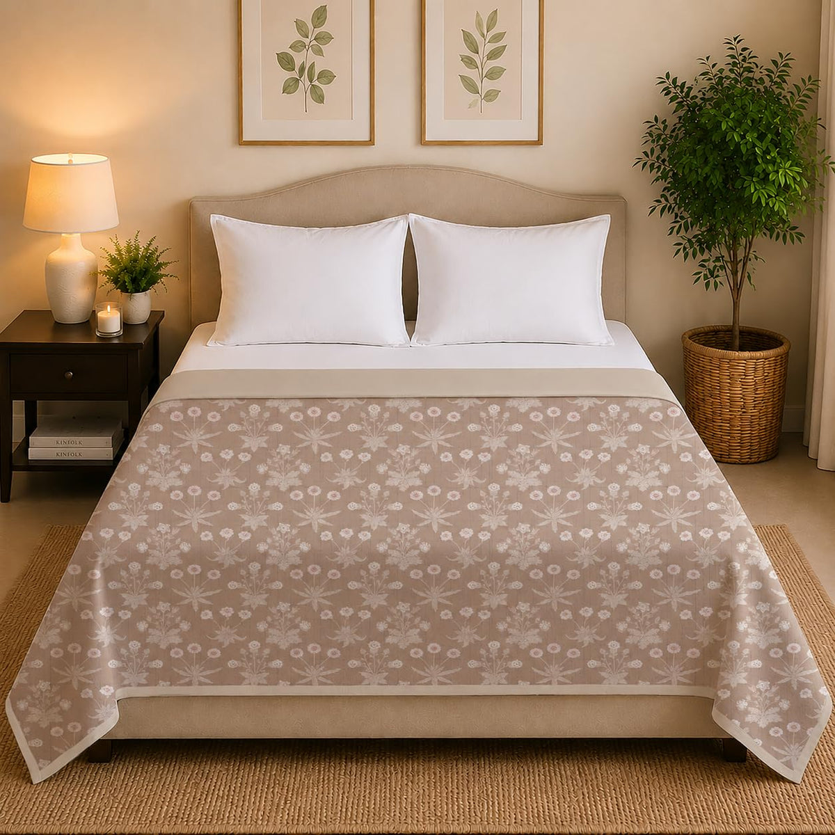 Linen Home Reversible Cotton Dohar Double Bed Floral Brown & Light Taupe Kafalo
