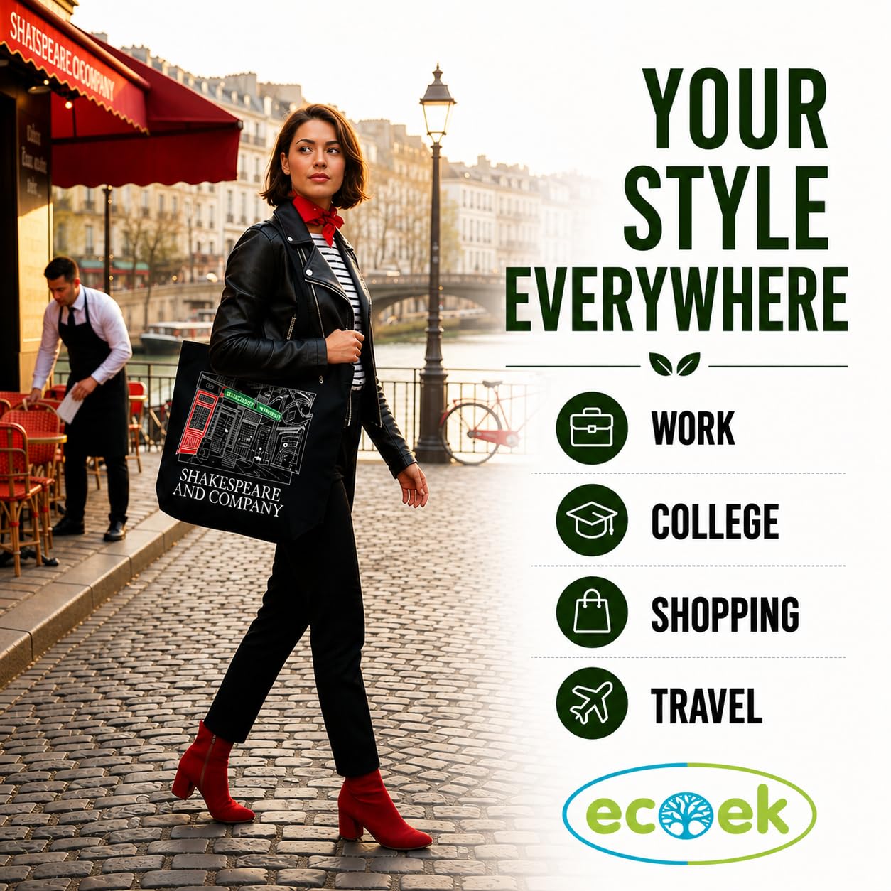 ECOEK Stylish Canvas Tote Bag for Women, Reusable Trendy Zipper Handbag with Pocket, Lightweight Aesthetic Cotton Tote for College, Office, Travel & Daily Use-Shakespeare Black