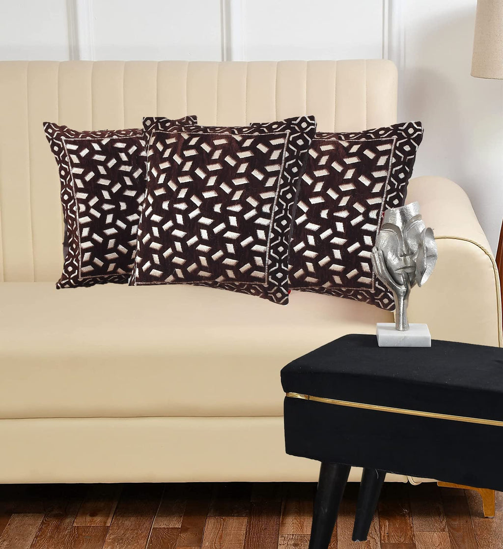 DECOMIZER Jacquard Geomteric Cushion Covers 16 inch x 16 inch Set of 3 Ethnic Motifs Cushion Covers,Design- Bricks,Color- Coffee-240 TC