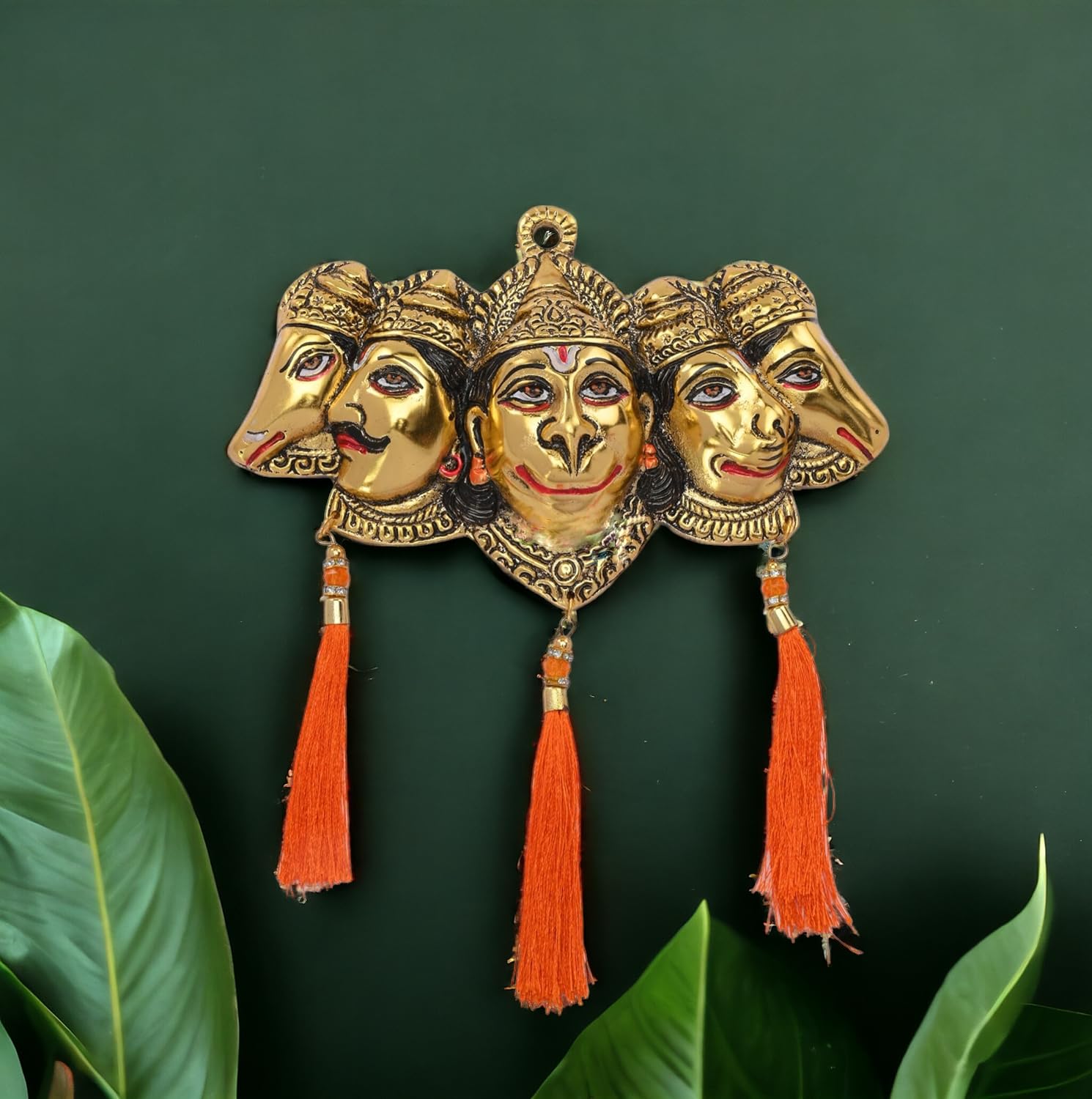 KridayKraft Metal Panchmukhi Hanuman Ji Murti for Door Entrance Statue Wall Hanging Showpiece with Silk Latakan in Gold Finish (Gold)