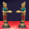 Artvarko Brass Deep Laxmi Pair (Set of Two) Deeplaxmi Devi Meenakshi Diya Lady Holding Oil Lamp Diwali Gift Multicolor 9 Inch