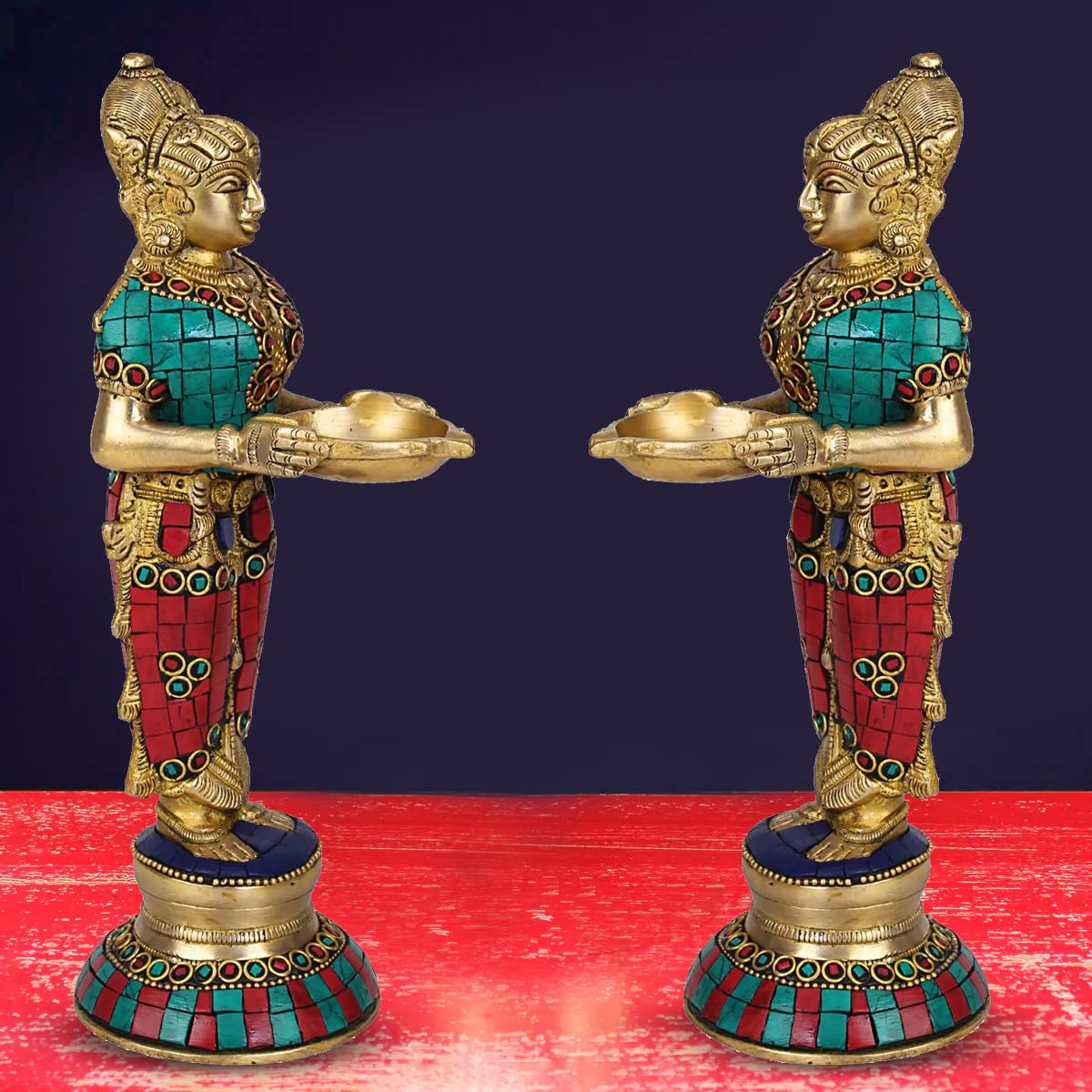 Artvarko Brass Deep Laxmi Pair (Set of Two) Deeplaxmi Devi Meenakshi Diya Lady Holding Oil Lamp Diwali Gift Multicolor 9 Inch