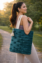 PUMITOWN Tote Bag for Women, Boho Woven Canvas Shoulder Bag with Tassel & Fringe Detail, Greenish-Blue Striped Handbag, Eco-Friendly, Large Capacity, 16x15 Inches (Handbag_Green)
