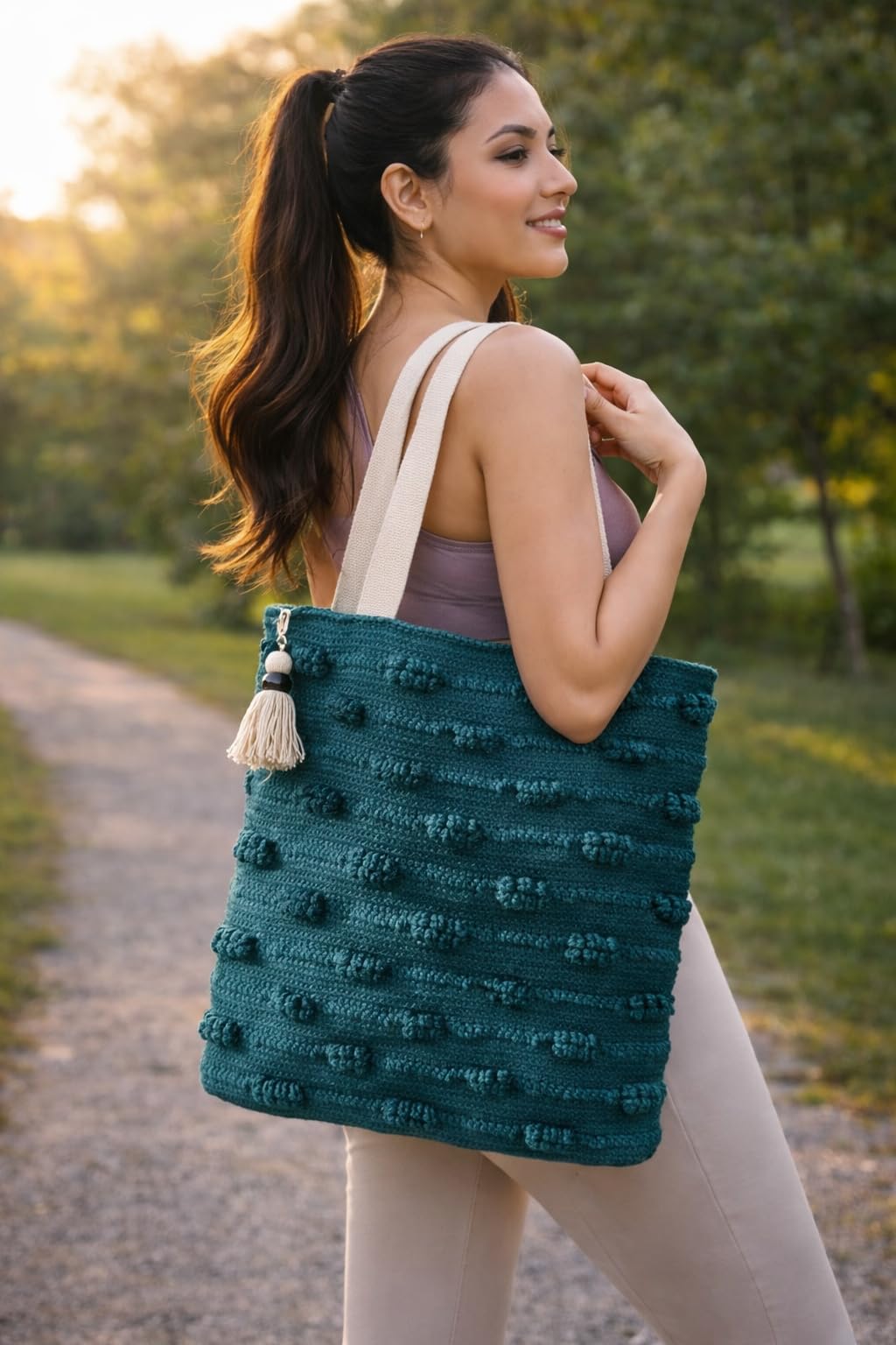 PUMITOWN Tote Bag for Women, Boho Woven Canvas Shoulder Bag with Tassel & Fringe Detail, Greenish-Blue Striped Handbag, Eco-Friendly, Large Capacity, 16x15 Inches (Handbag_Green)