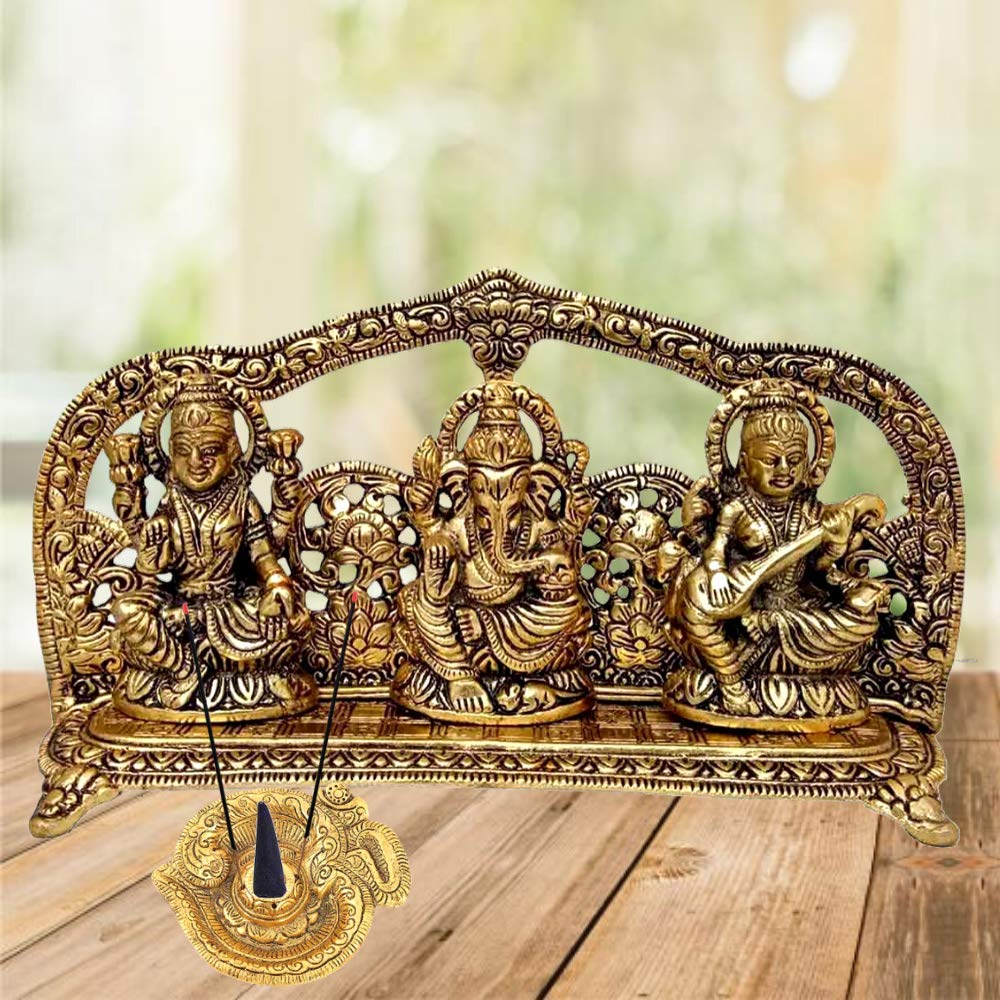 RCI Handicrafts Metal Laxmi Ganesh Saraswati Idol Gold Plated Showpiece Statute Gift (Gold, Lgsgld)