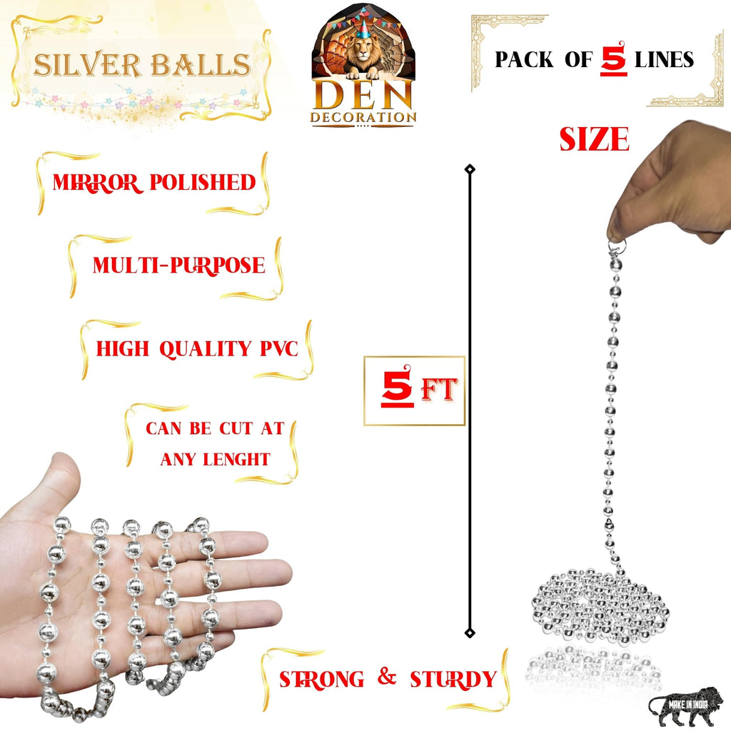 DEN DECORATION Premium PVC Crystal Beads Sequin Chain Garland String (5 Feet) (Silver Balls, Pack of 5)
