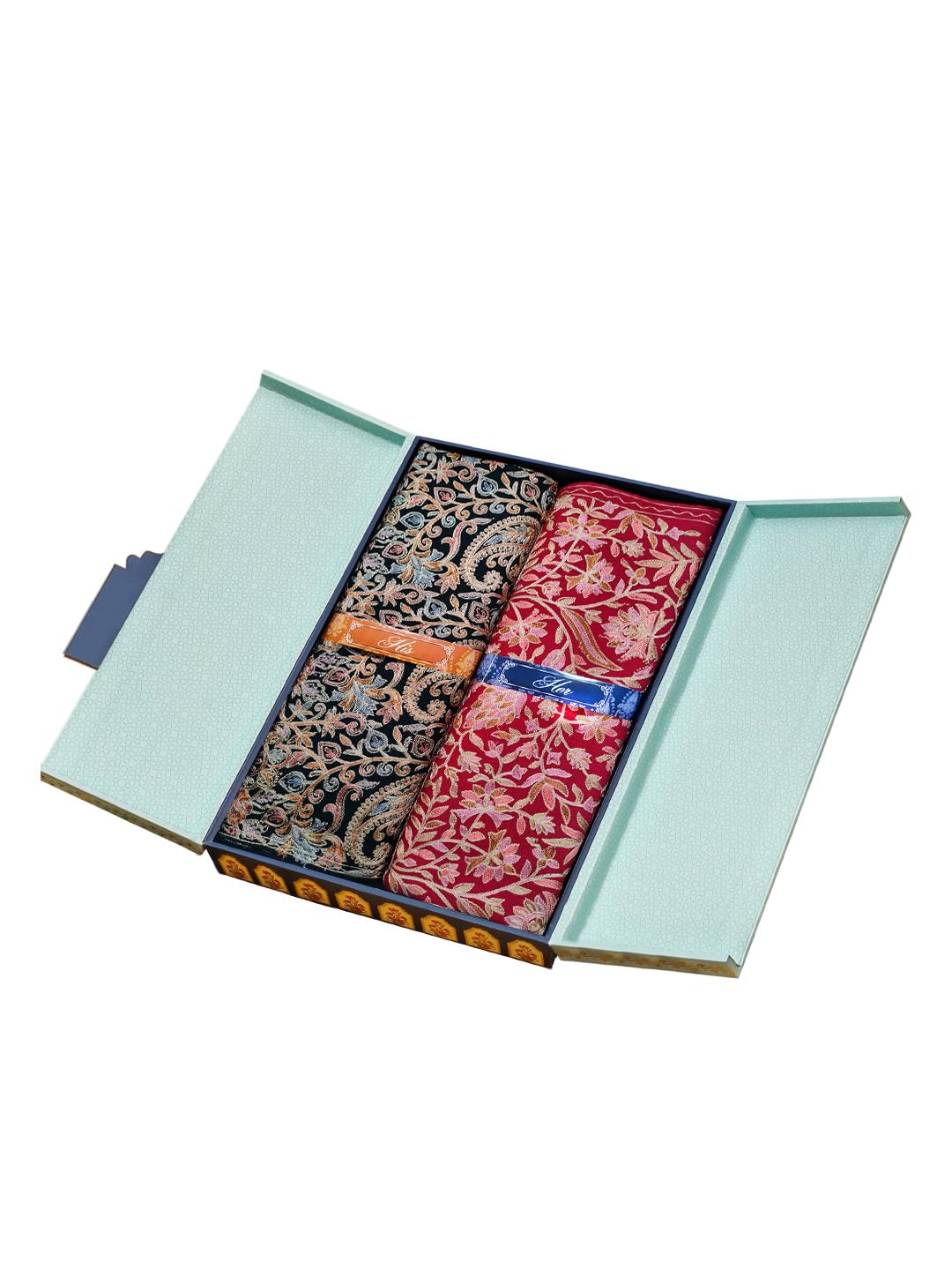 Pashmoda His and Her Gift Set of Wool Blend Nalki Embroidered Stoles With Wooden Gift Box