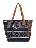 PRIMROSE Chevron Pattern Tote Bag with Tassels, Beige and Multi-Colour (Navy Blue)
