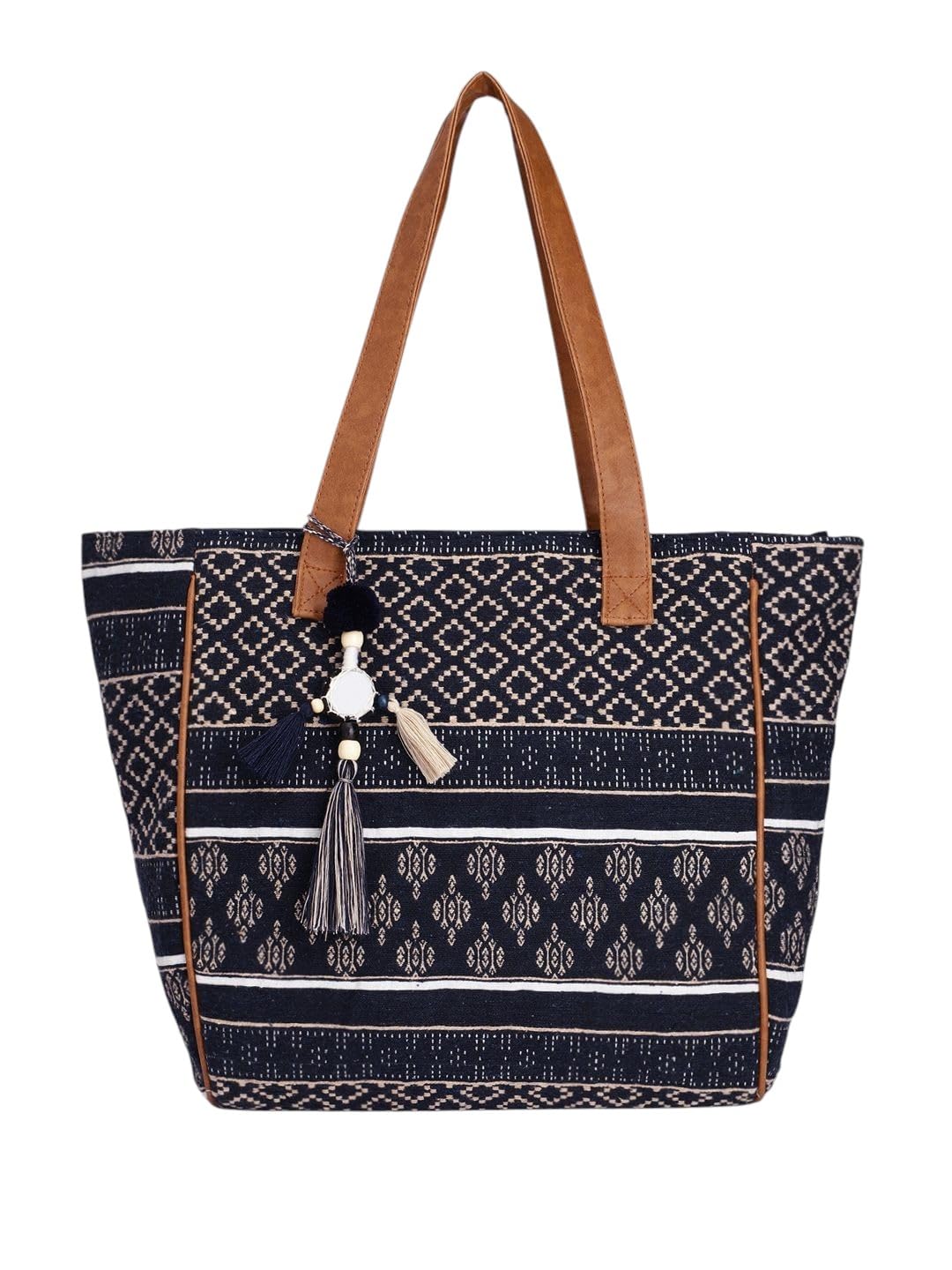PRIMROSE Chevron Pattern Tote Bag with Tassels, Beige and Multi-Colour (Navy Blue)