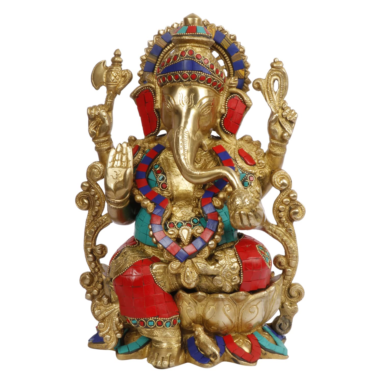 ARTVARKO Ganesha Idol Brass with Multicolor Stone Handwork Ganesh Bhagwan Large Statue God Ganpati Murti 12 Inch