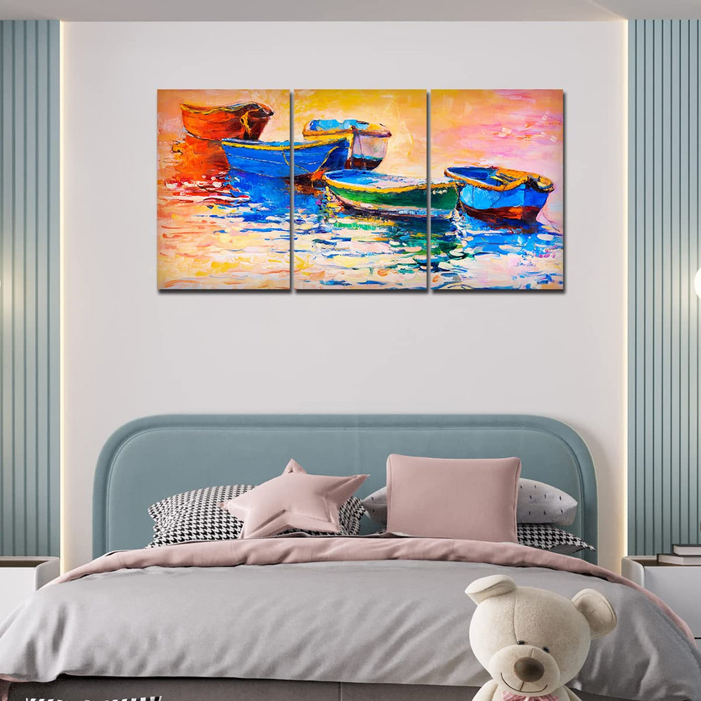 VIBECRAFTS 3 Pieces Boats In Sunset Canvas Wall Painting Fitted With Wooden Frame For Home | Office | Living Room | Gifts(PTVC3Pcs3_11502)