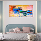 VIBECRAFTS 3 Pieces Boats In Sunset Canvas Wall Painting Fitted With Wooden Frame For Home | Office | Living Room | Gifts(PTVC3Pcs3_11502)
