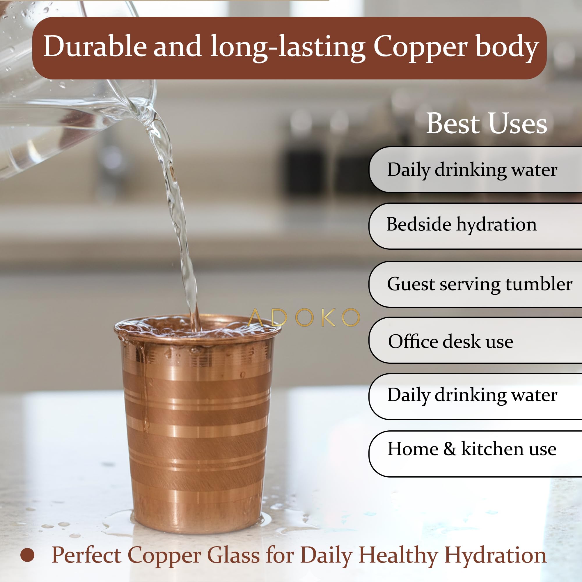 Adoko 100% Pure Copper Tumbler 300ml | Ayurvedic Drinking Glass for Water | Handcrafted Copper Utensil for Daily Use – 6Pcs Set