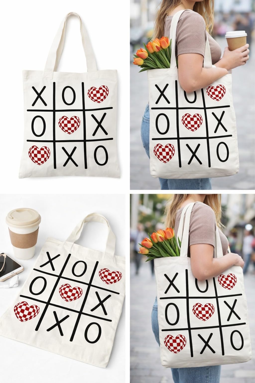 Bhoomi Impex Cotton Tote Carry Bag | Reusable Eco-Friendly Shopping Bag | Strong & Durable Canvas Tote for Grocery, Travel & Daily Use | Tic Tac Love Print | Set of 1