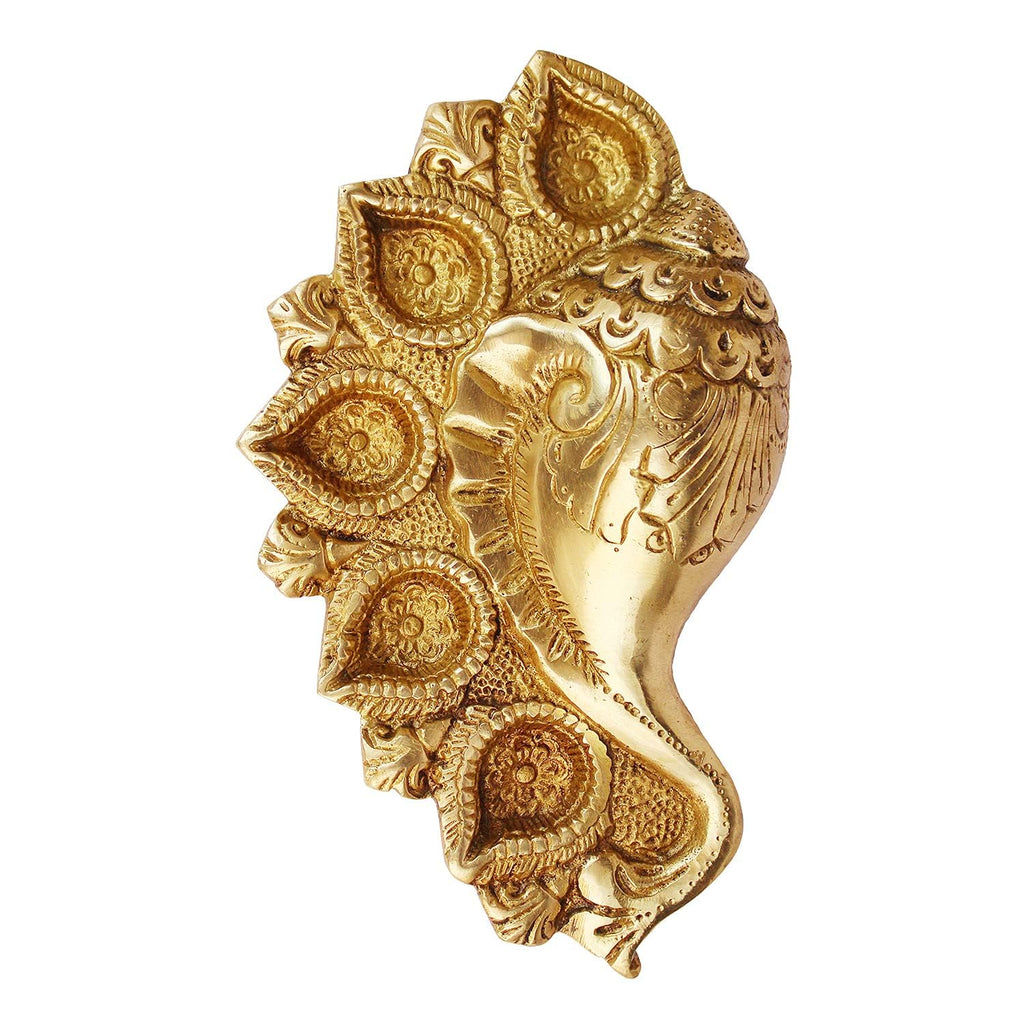Svarup Gold Color Brass Ganesh-Conch Diya: Small Size with Five Lamps for Puja.
