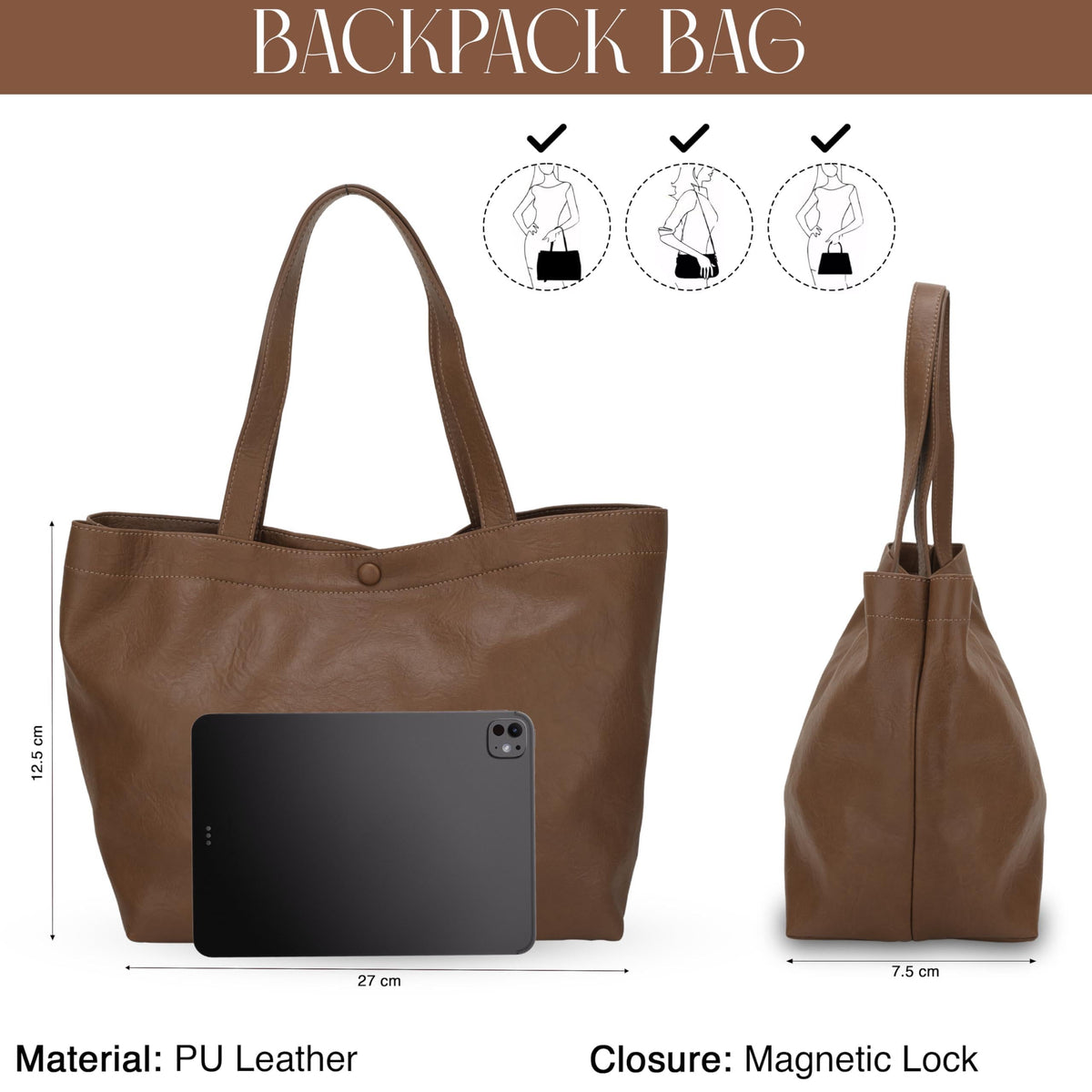 SIBY Women's Shoulder Tote Purse - PU Leather, Waterproof, Magnetic Lock Closure, Includes Small Purse - Brown