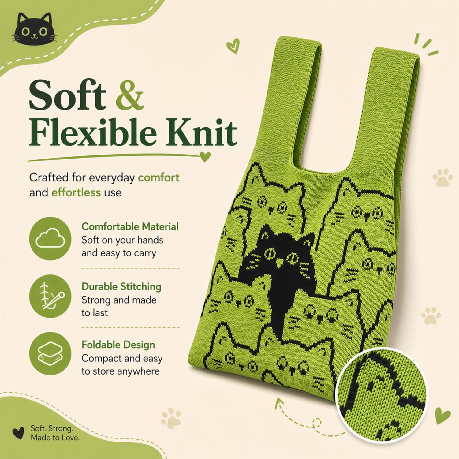 Cybersnc Tote Bag for Women, Knitted Tote Bag with Cute Cat Pattern, Reusable Hand Bags for Women Stylish, Soft Lightweight Shopping Bag for Work, College, Travel & Everyday Use