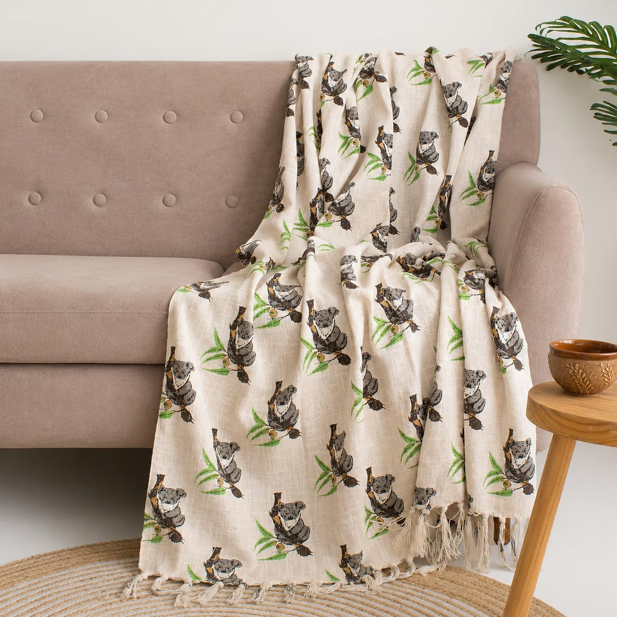 DMAASA 100% Cotton Handblock Print 50x70 Inch Sofa Throw for Couch Breathable. Lightweight & Decorative Living Room Blanket (Koala with Plant Print) Kafalo