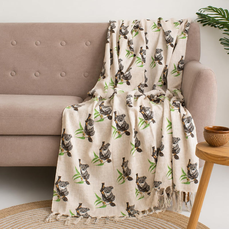 DMAASA 100% Cotton Handblock Print 50x70 Inch Sofa Throw for Couch Breathable. Lightweight & Decorative Living Room Blanket (Koala with Plant Print) Kafalo