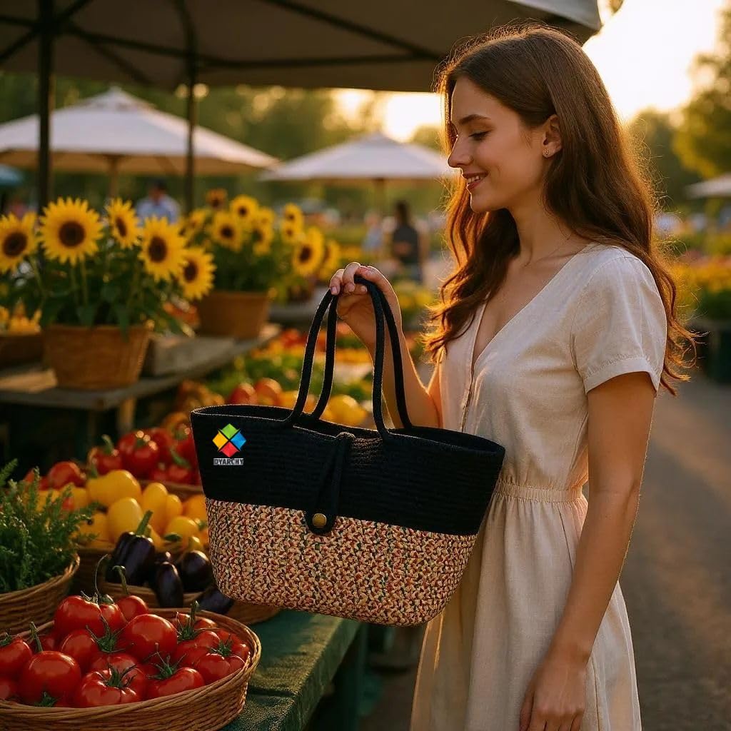 DYARCHY Woven Straw Beach Tote Bag, Cotton Rope Handle with Button Closure (BLUEDESIGNER)