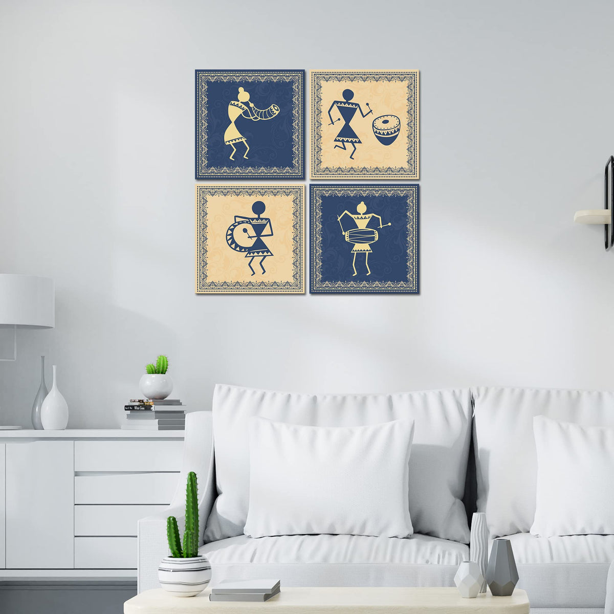 VIBECRAFTS Beautiful 4 Pieces Warli Art Canvas Wall Hanging Painting Fitted With Wooden Frame For Home | Office | Living Room | Gifts (PTVC4Pcs5_16607)