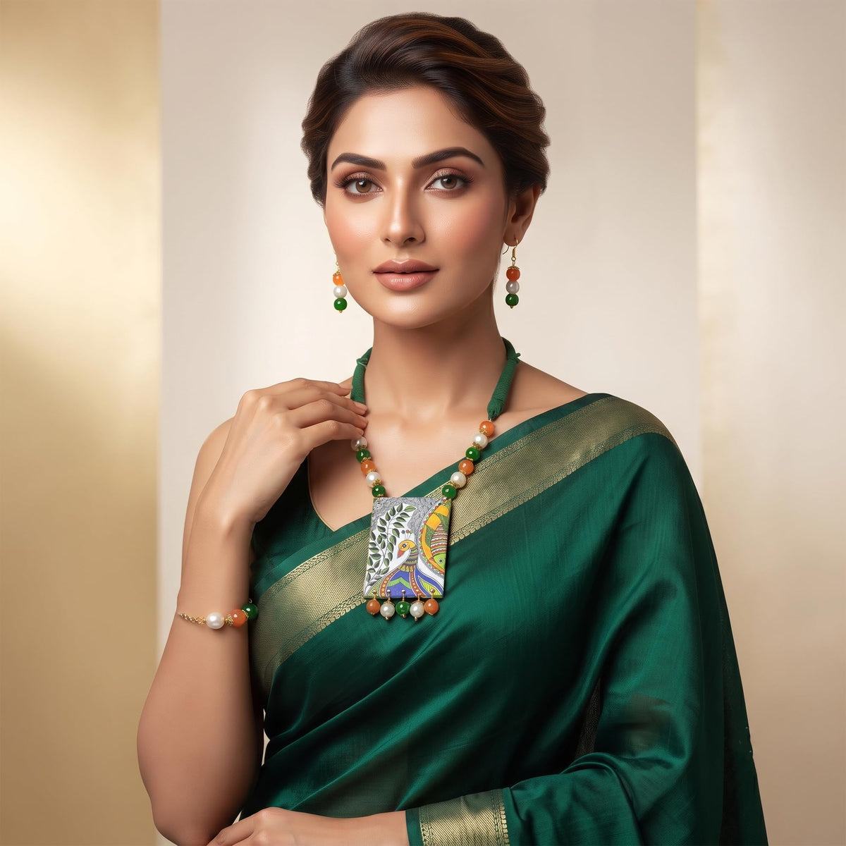 JFL - Jewellery for Less Independence Day & Republic Day Tricolor Madhubani Art Necklace Set with Bracelet for Women | Antique Handmade Wooden Pendant Jewellery Set | Green White Orange Beaded Ethnic Necklace with Matching Earrings | Traditional Jewellery