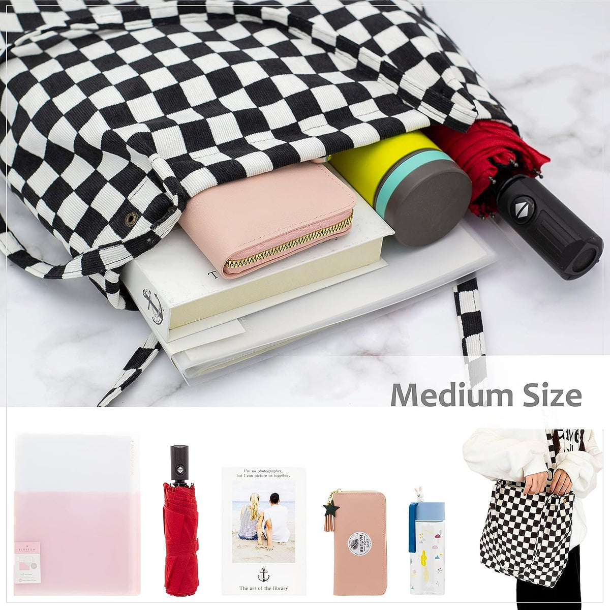 Kawn® Women Corduroy Tote Bag Canvas Shoulder Cord Purse Reusable Shopping Bag Grocery Bag Large Capacity Washable Handbag Girls Shoulder Bag with Inner Pocket For Daily Use Work Travel (Chess)