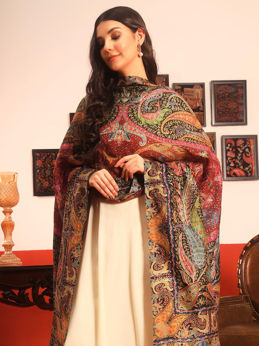 Pashmoda Women Daastaan Fine Wool Fabric Pashmina Kalamkari Embroidered Shawl (Size: 40x80in, 101x203cm) KAS15