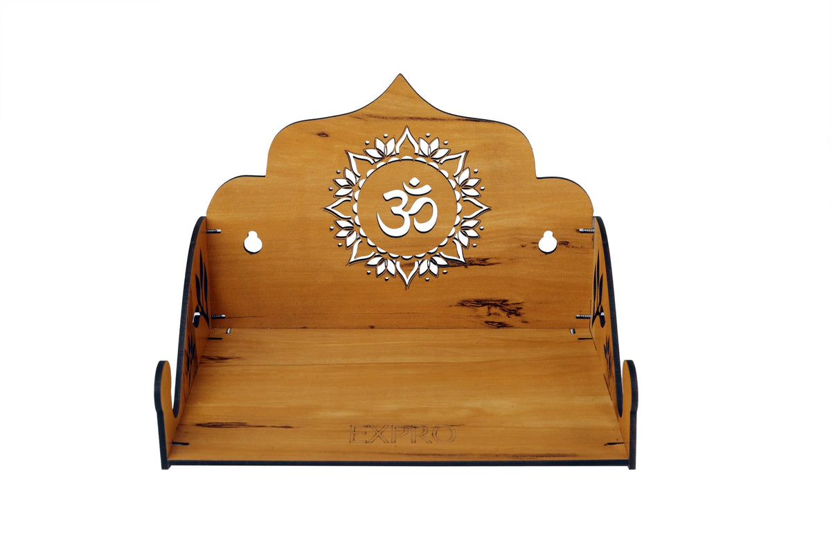EXPRO Wooden Wall Mounted Pooja Mandir for Home & Office, Wooden Temple for Home Decor Hanging Pooja Stand for Idols | Height 15 | OM Design 1 | DIY (Do-It-Yourself)